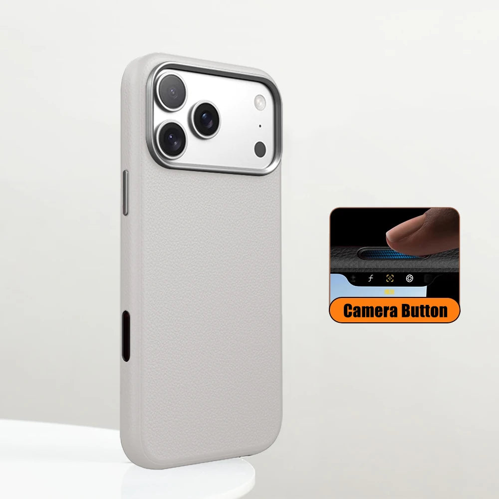Luxury Business PU Leather Magnetic iPhone Case Metal Camera MagSafe Cover