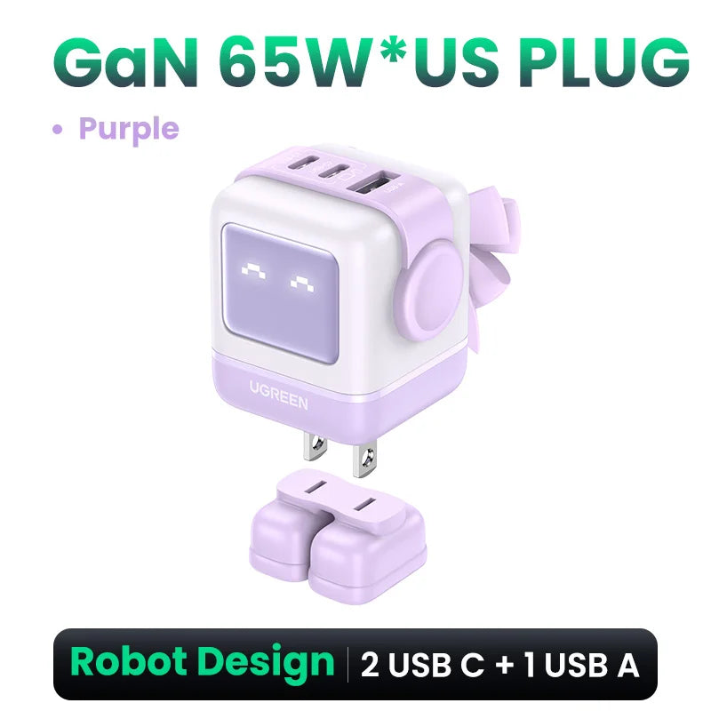 UGREEN 65W GaN Charger Robot Design PD Fast Charger USB-C Multi Port Adapter