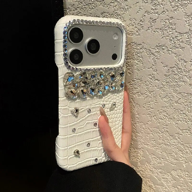 Luxury Crocodile Grain Leather iPhone Case Jewelled Hard Back Protective Cover