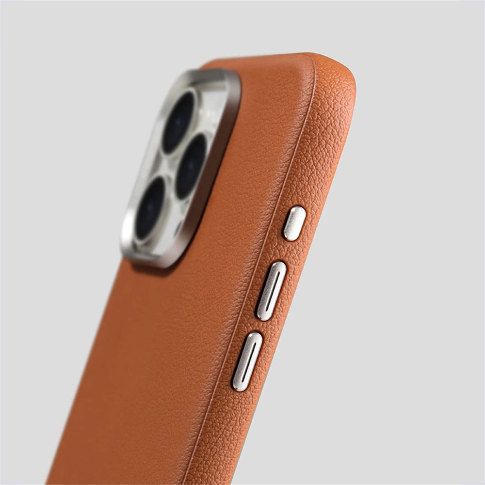 Luxury Business PU Leather Magnetic iPhone Case Metal Camera MagSafe Cover