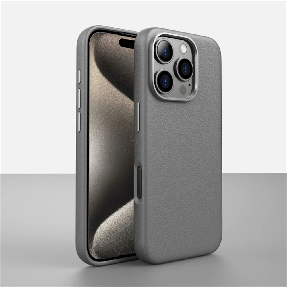 Luxury Business PU Leather Magnetic iPhone Case Metal Camera MagSafe Cover