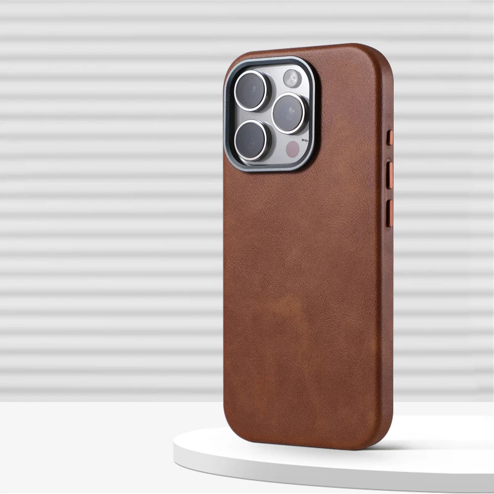 Luxury Retro Leather MagSafe iPhone Case Business Magnetic Alloy Lens Cover Main image