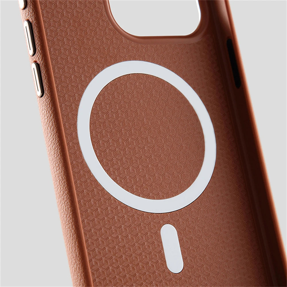 Luxury Business PU Leather Magnetic iPhone Case Metal Camera MagSafe Cover