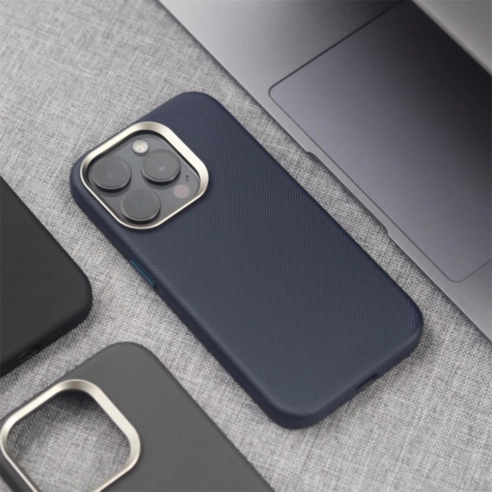Luxury PU Leather Magnetic iPhone Case Alloy Lens Frame MagSafe Cover