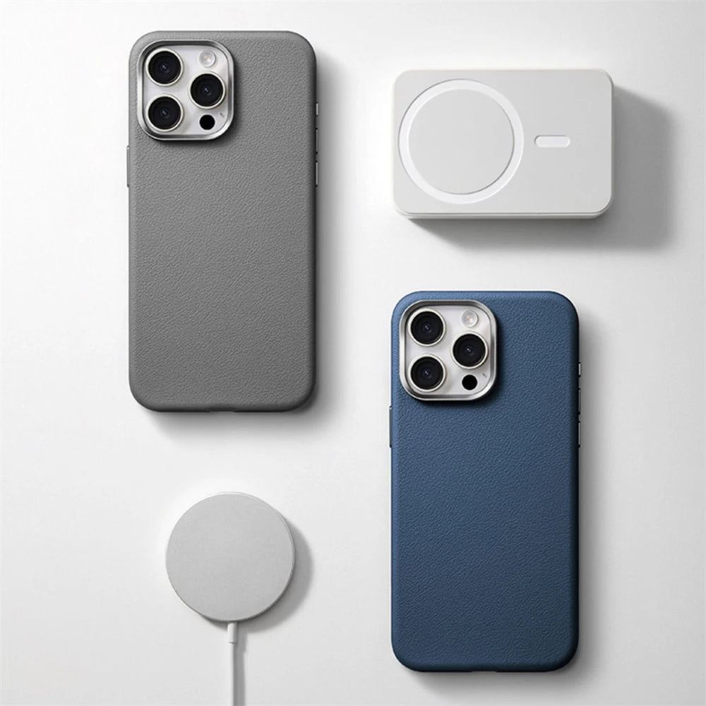 Luxury Business PU Leather Magnetic iPhone Case Metal Camera MagSafe Cover