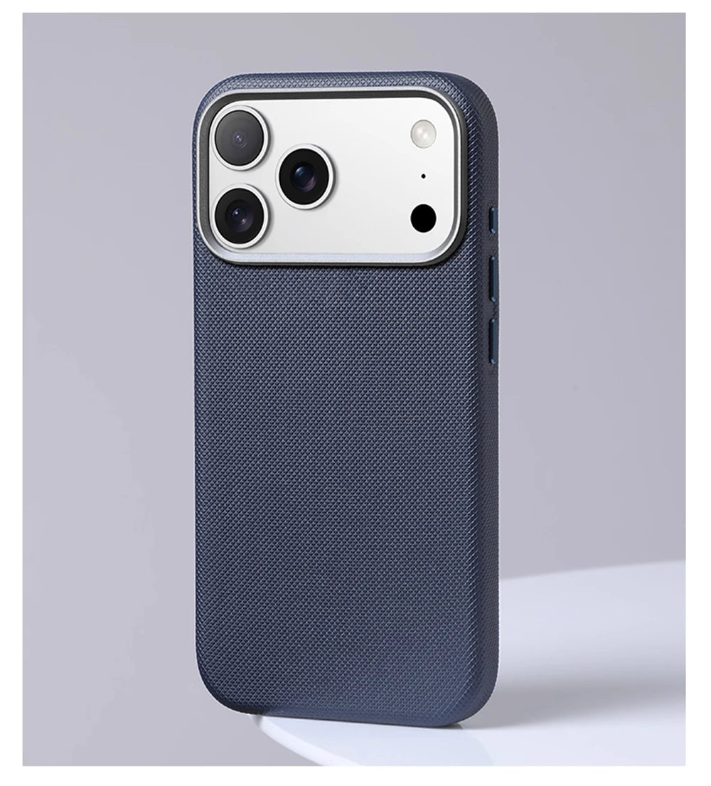 Luxury Diamond Texture MagSafe Leather iPhone Case Alloy Lens Protective Cover