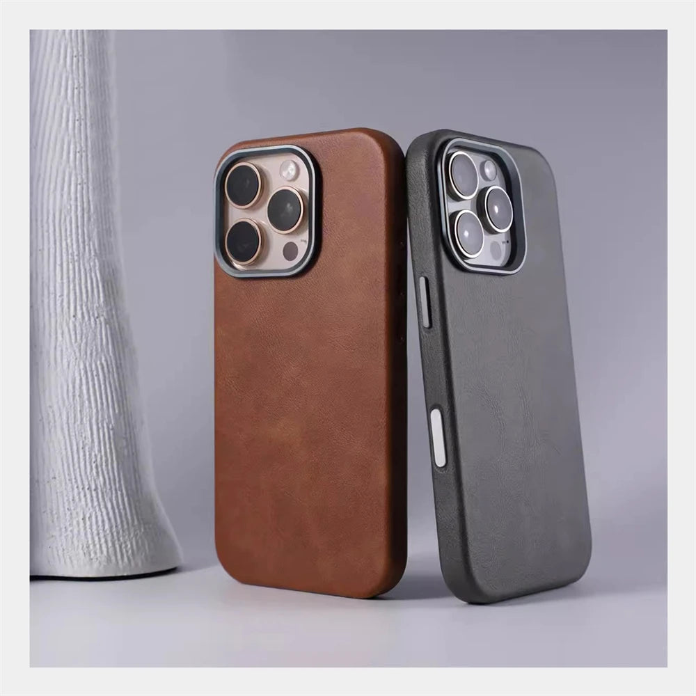 Luxury Retro Leather MagSafe iPhone Case Business Magnetic Alloy Lens Cover