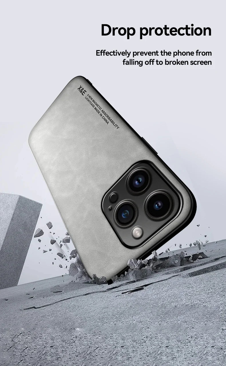 Luxury Leather iPhone Case with Metal Plate Magnetic Car Mount Support Cover