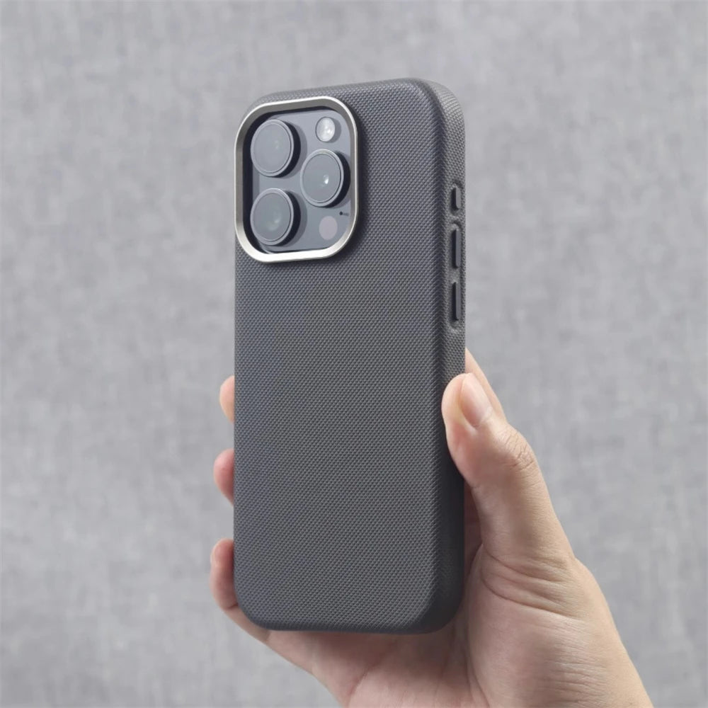 Luxury PU Leather Magnetic iPhone Case Alloy Lens Frame MagSafe Cover