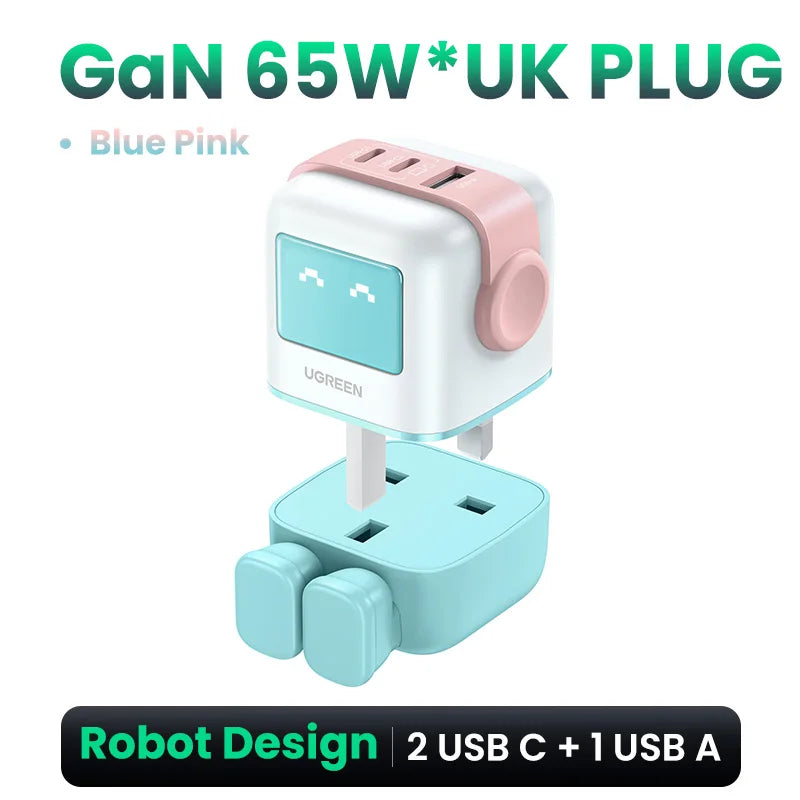 UGREEN 65W GaN Charger Robot Design PD Fast Charger USB-C Multi Port Adapter