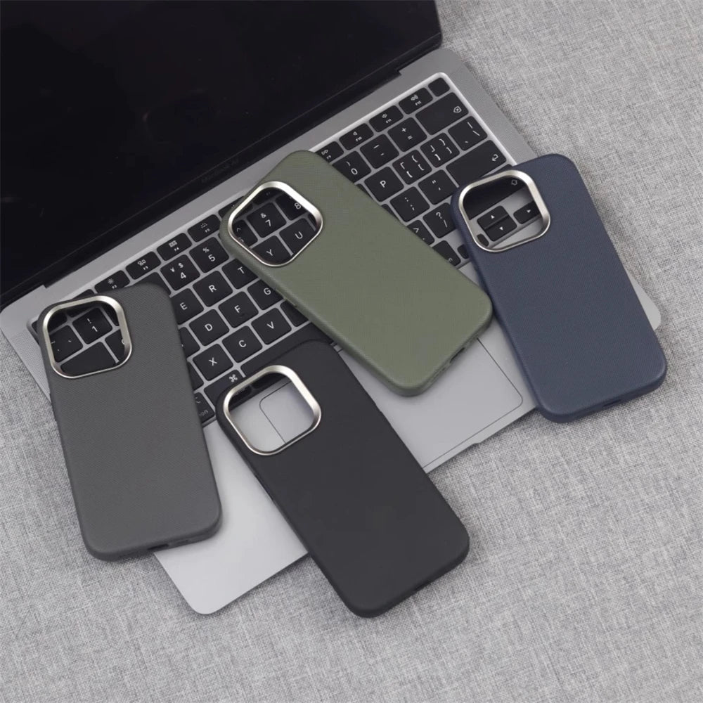 Luxury PU Leather Magnetic iPhone Case Alloy Lens Frame MagSafe Cover