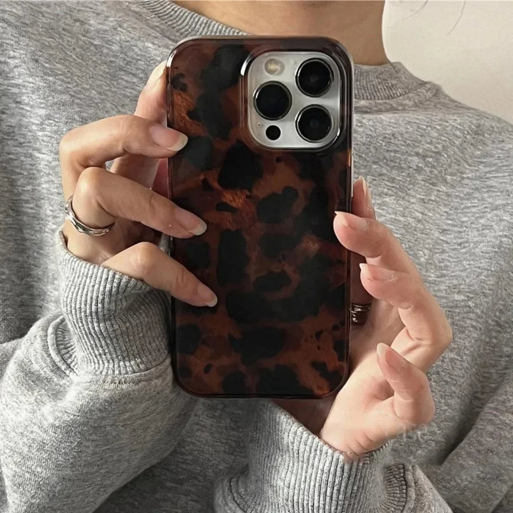 Retro Amber Leopard Print iPhone Case Laser Texture Shockproof Soft Cover