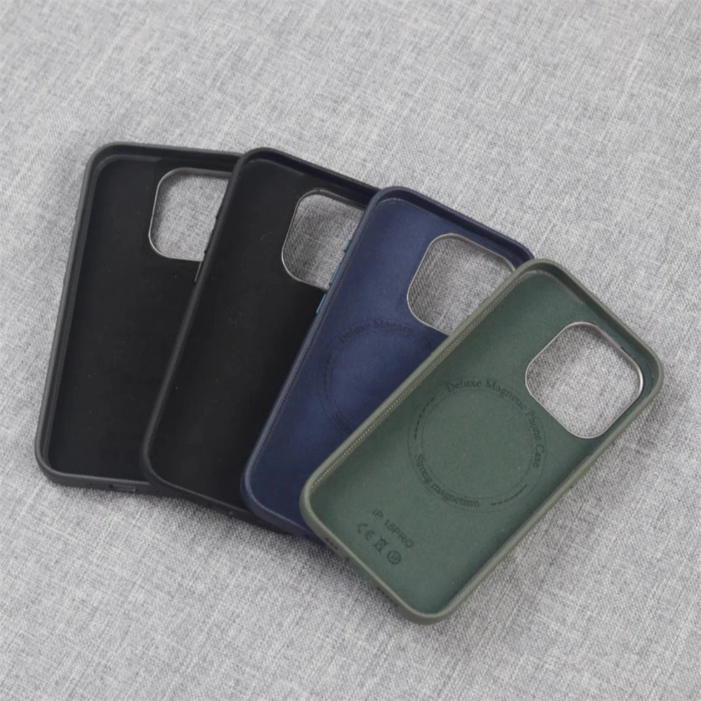 Luxury PU Leather Magnetic iPhone Case Alloy Lens Frame MagSafe Cover