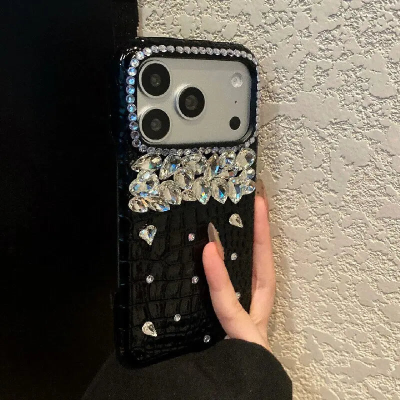 Luxury Crocodile Grain Leather iPhone Case Jewelled Hard Back Protective Cover