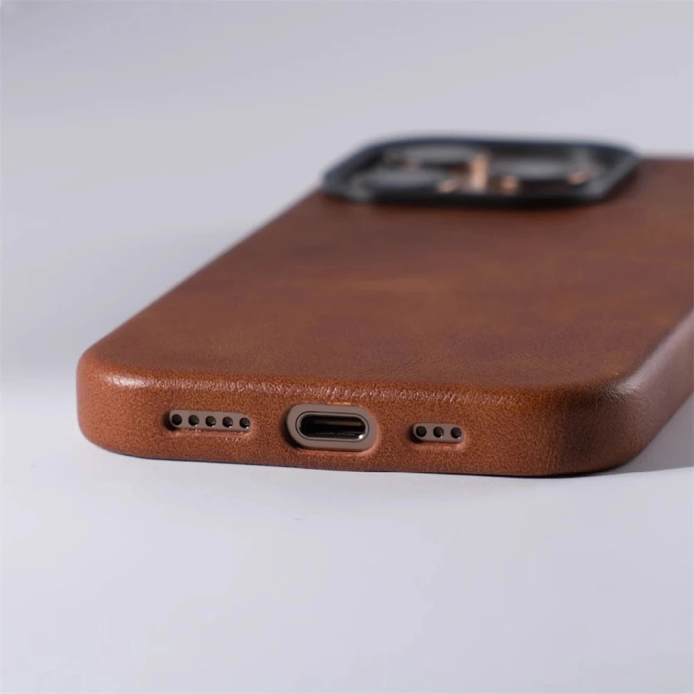 Luxury Retro Leather MagSafe iPhone Case Business Magnetic Alloy Lens Cover