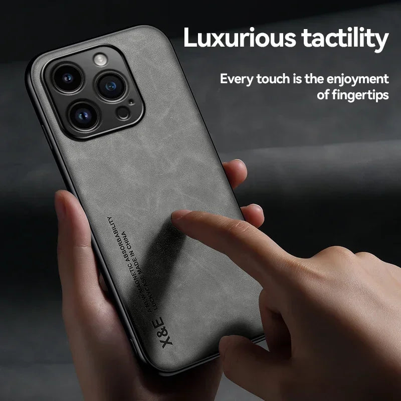 Luxury Leather iPhone Case with Metal Plate Magnetic Car Mount Support Cover
