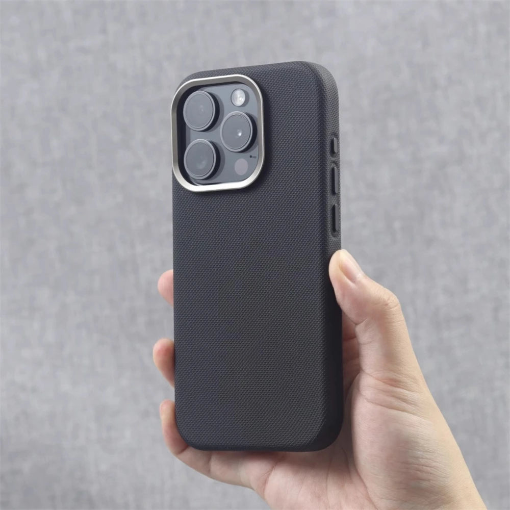 Luxury PU Leather Magnetic iPhone Case Alloy Lens Frame MagSafe Cover