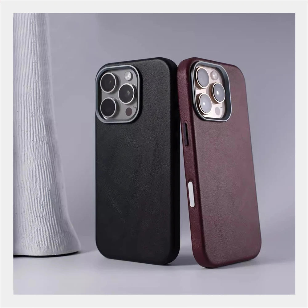 Luxury Retro Leather MagSafe iPhone Case Business Magnetic Alloy Lens Cover