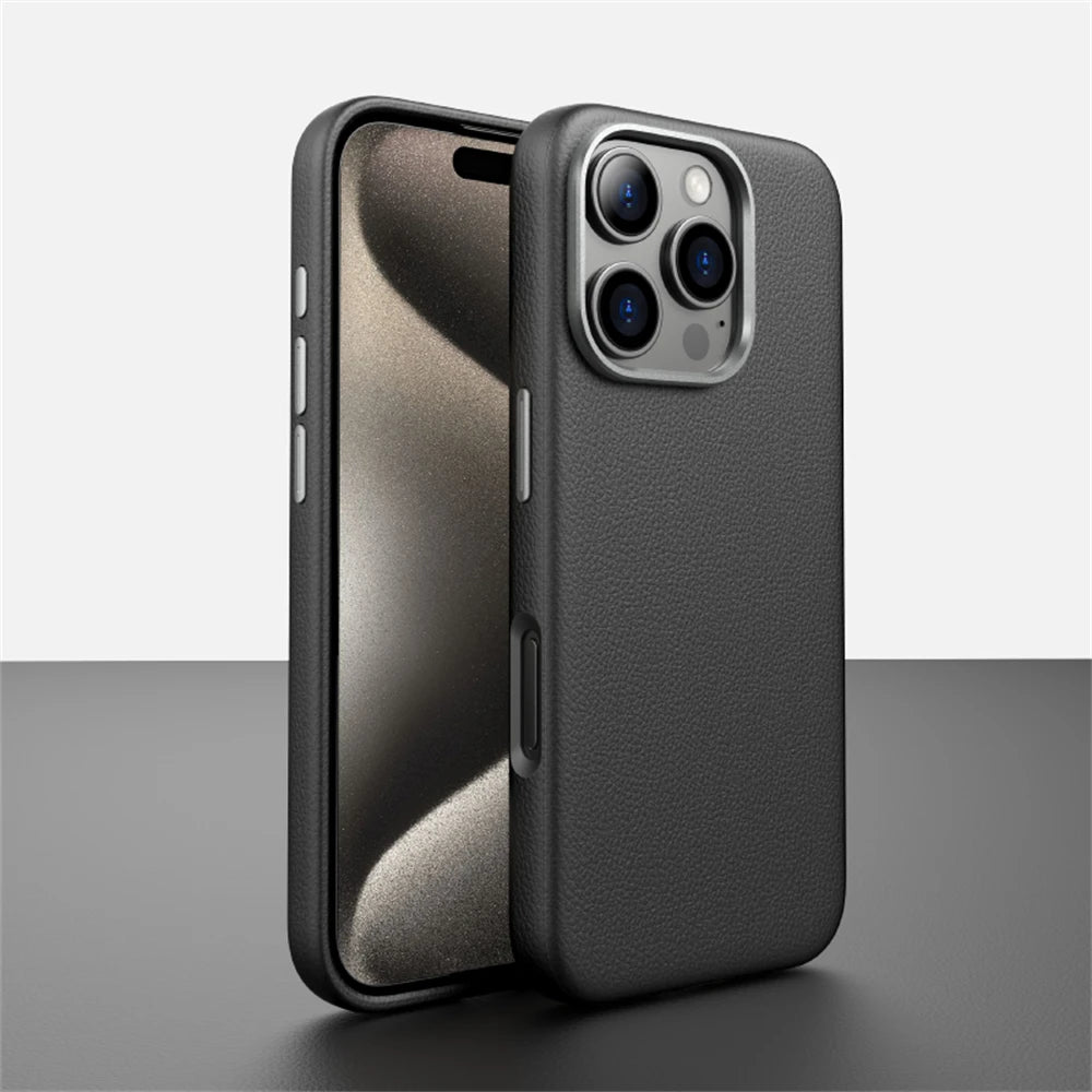 Luxury Business PU Leather Magnetic iPhone Case Metal Camera MagSafe Cover