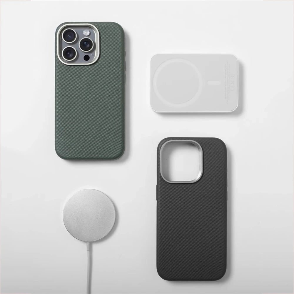 Luxury PU Leather Magnetic iPhone Case Alloy Lens Frame MagSafe Cover