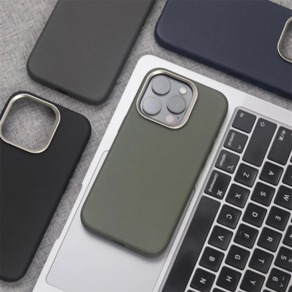 Luxury PU Leather Magnetic iPhone Case Alloy Lens Frame MagSafe Cover