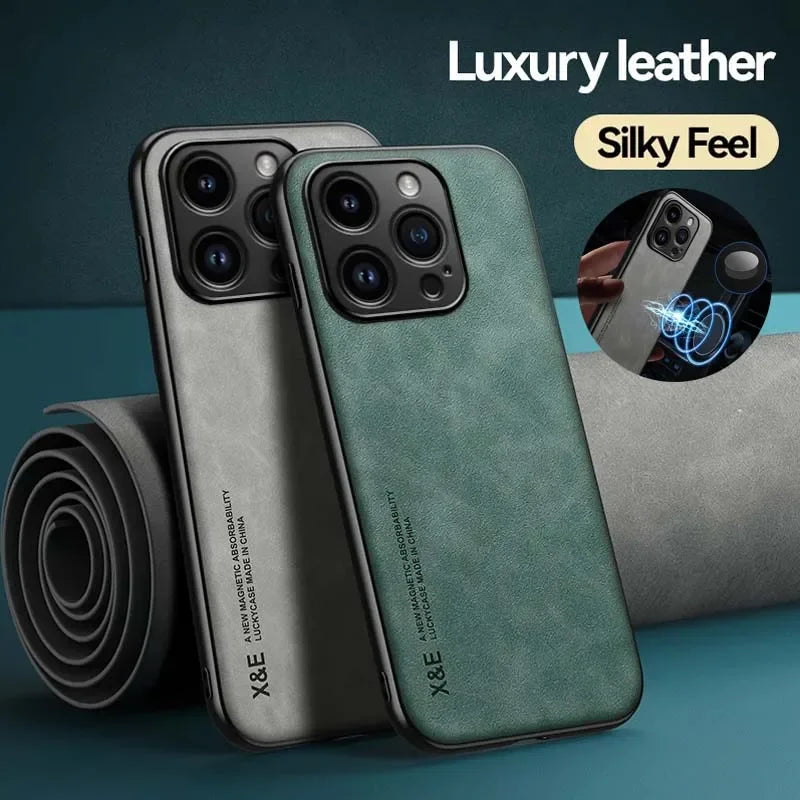 Luxury Leather iPhone Case with Metal Plate Magnetic Car Mount Support Cover