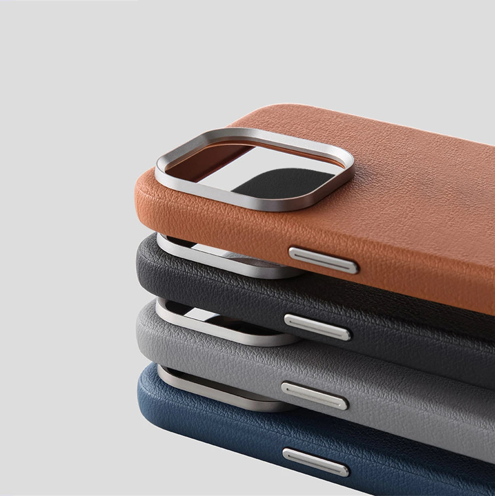 Luxury Business PU Leather Magnetic iPhone Case Metal Camera MagSafe Cover Main image