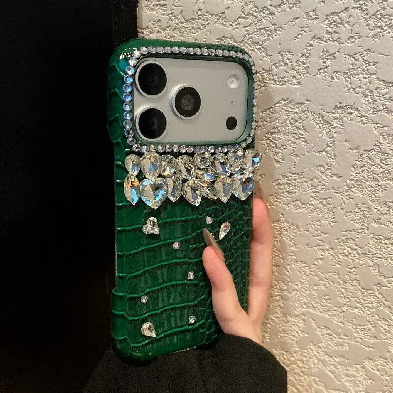 Luxury Crocodile Grain Leather iPhone Case Jewelled Hard Back Protective Cover