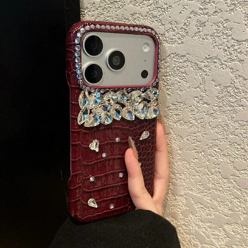 Luxury Crocodile Grain Leather iPhone Case Jewelled Hard Back Protective Cover
