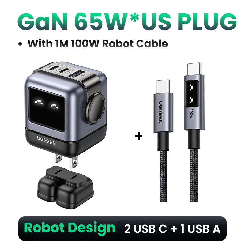UGREEN 65W GaN Charger Robot Design PD Fast Charger USB-C Multi Port Adapter