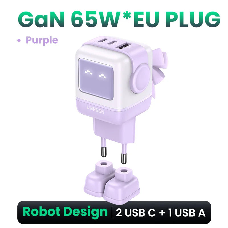 UGREEN 65W GaN Charger Robot Design PD Fast Charger USB-C Multi Port Adapter