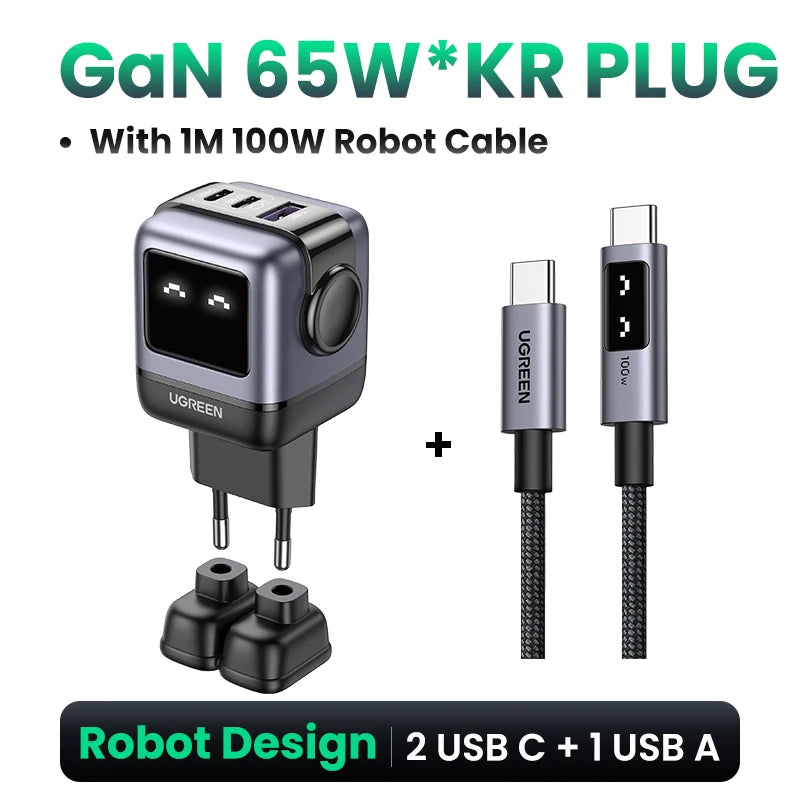 UGREEN 65W GaN Charger Robot Design PD Fast Charger USB-C Multi Port Adapter