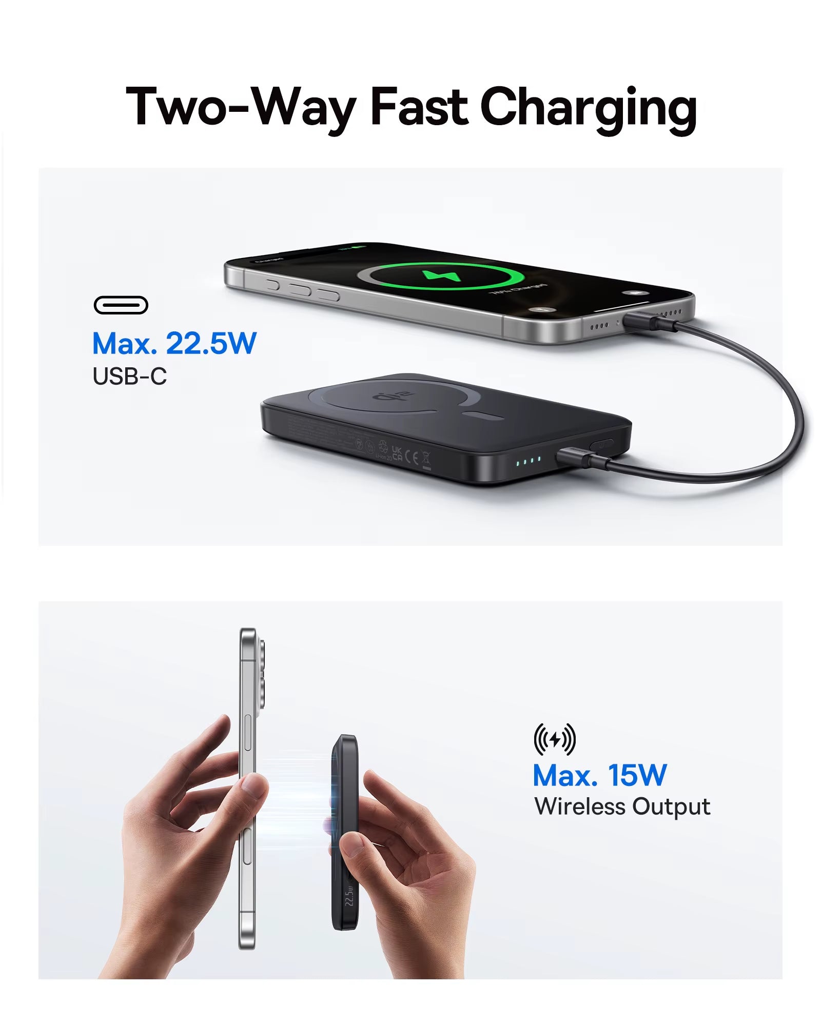 Qi2 Magnetic Power Bank 10000mAh 15W Wireless 22.5W Fast Charging Portable