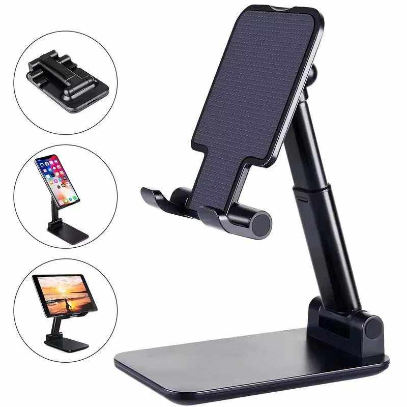 Adjustable Desk Phone Holder in black plastic with a broad base, angled support arm, and padded phone cradle