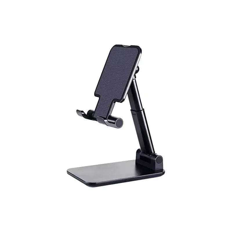 Adjustable Desk Phone Holder with a black plastic frame, broad rectangular base, articulated arm and padded phone grips