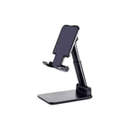 Adjustable Desk Phone Holder with a black plastic frame, broad rectangular base, articulated arm and padded phone grips