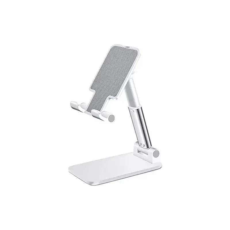Adjustable Desk Phone Holder in silver metal with a ribbed gray phone cradle, adjustable arm and flat base