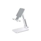 Adjustable Desk Phone Holder in silver metal with a ribbed gray phone cradle, adjustable arm and flat base