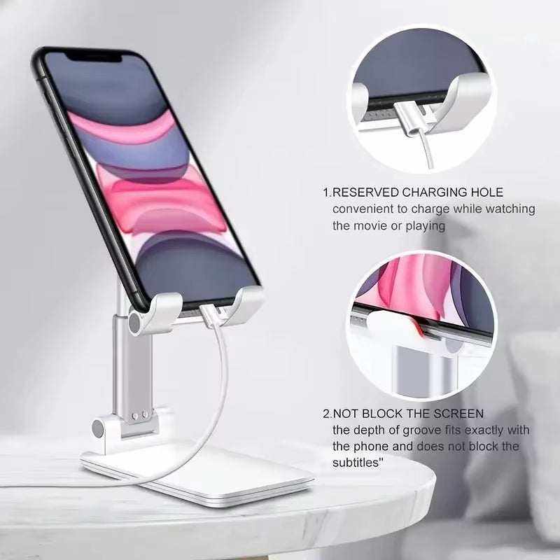 Adjustable Desk Phone Holder in silver metal with a white base, angled cradle and charging cable opening beneath the phone