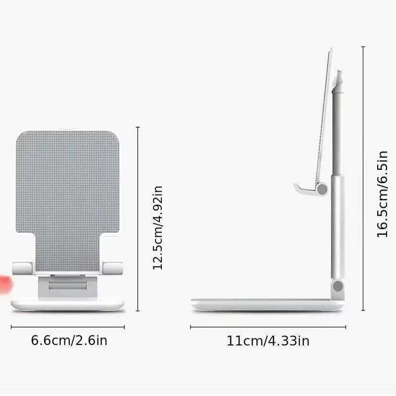 Adjustable Desk Phone Holder in silver plastic with a textured rectangular backrest, hinged support, and wide flat base