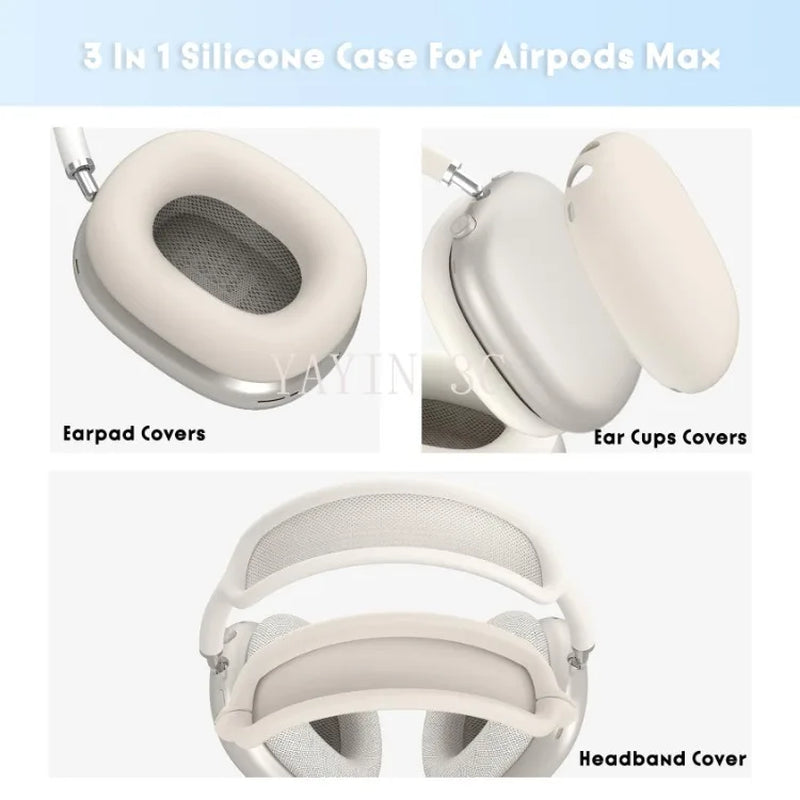 4 in 1 AirPods Max Silicone Protective Case Set Full Coverage Headband Earpad Cover