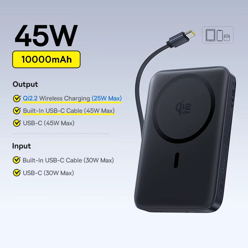 Qi2 Magnetic Power Bank 10000mAh 15W Wireless 22.5W Fast Charging Portable