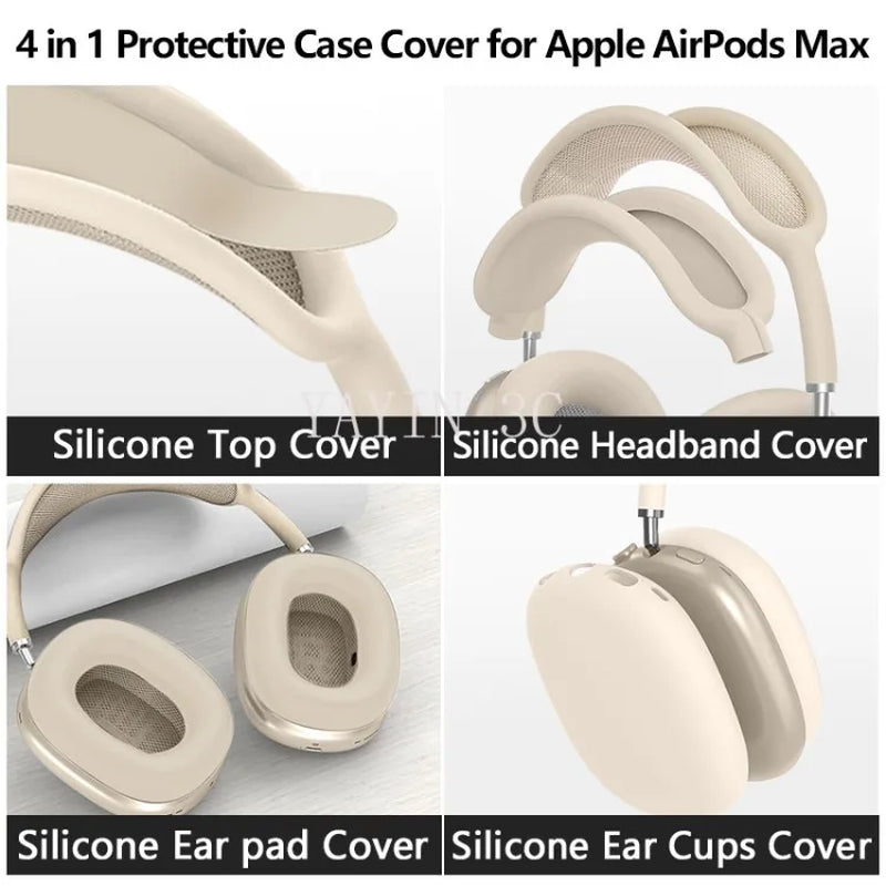 4 in 1 AirPods Max Silicone Protective Case Set Full Coverage Headband Earpad Cover
