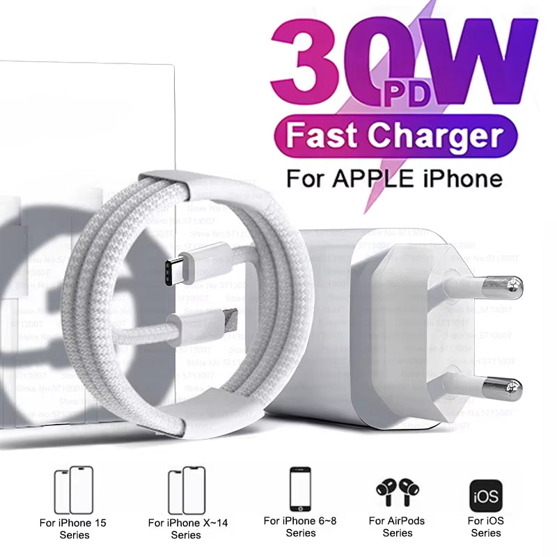 30W USB C PD Fast Charger iPhone Adapter with Type C Cable