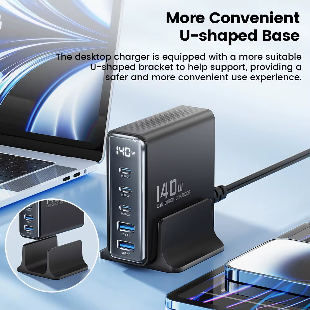 140W GaN Desktop Charger 5 Port USB C Fast Charging Station LED Display
