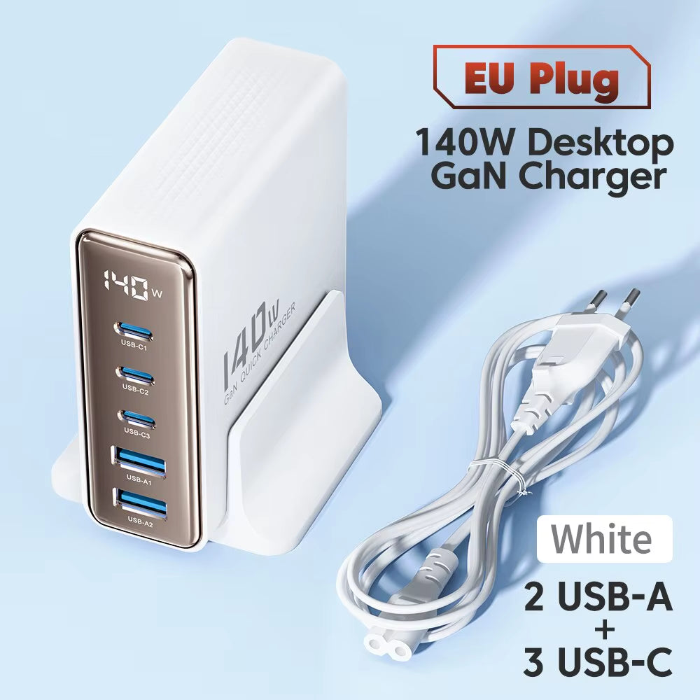 140W GaN Desktop Charger 5 Port USB C Fast Charging Station LED Display