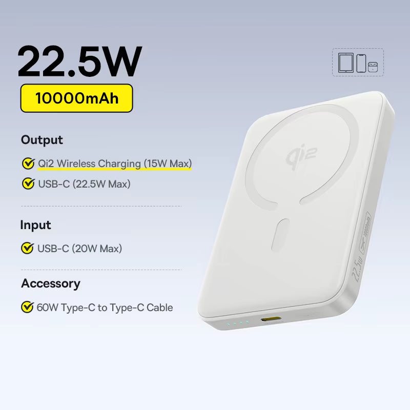 Qi2 Magnetic Power Bank 10000mAh 15W Wireless 22.5W Fast Charging Portable